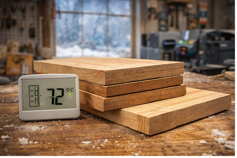 Boards acclimating indoors before sanding