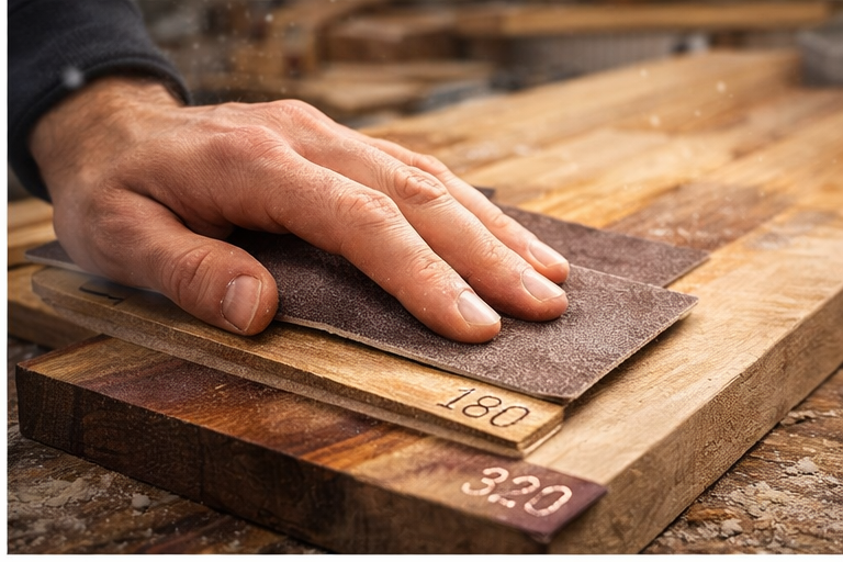 Hand sanding with labeled grit progression